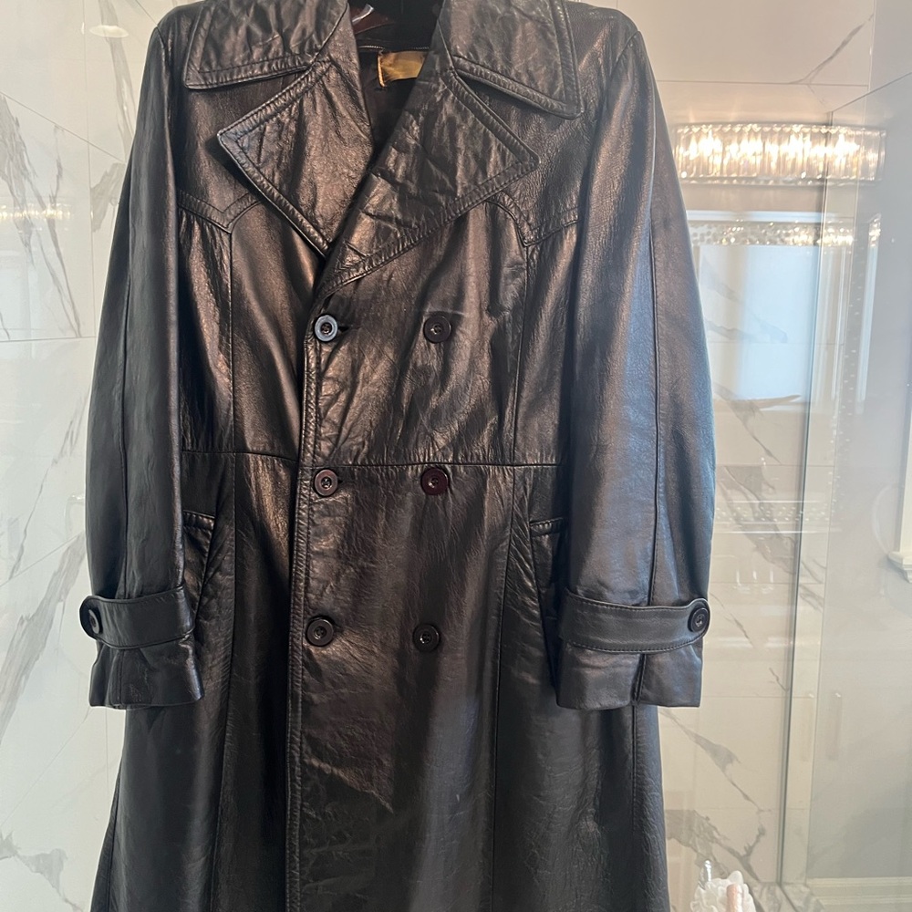 COPY - Men’s vintage black leather knee length shaft style coat zip in lining …